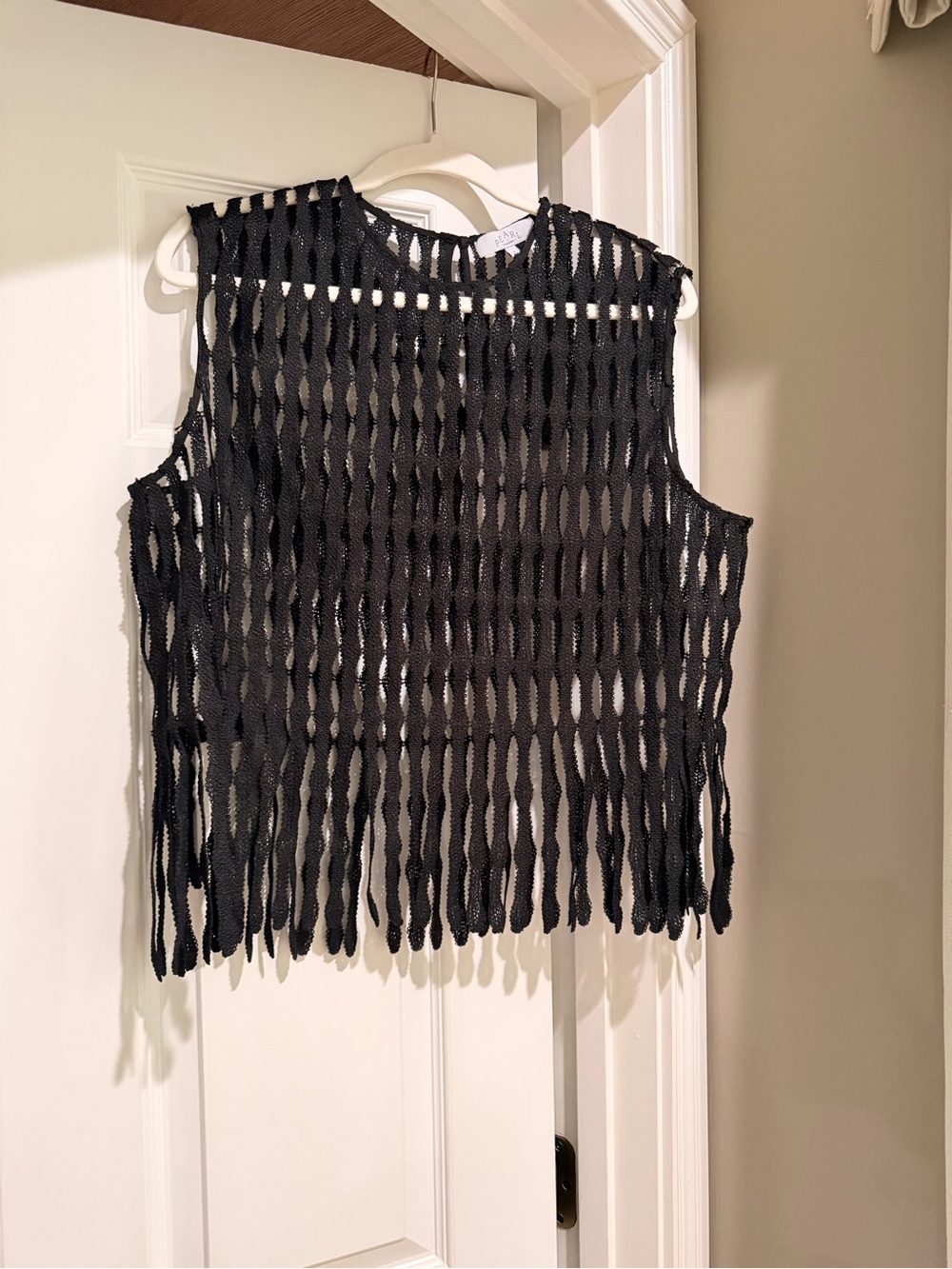 Pearl Black Open-Weave Crochet Fringe Tank Top